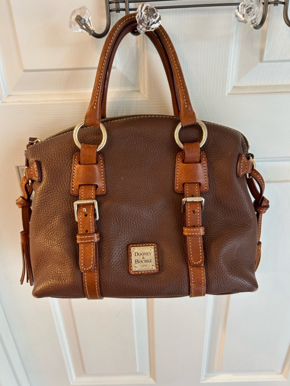 Dooney & Bourke “Bristol” Brown Pebble Leather Satchel with Tan Trim
